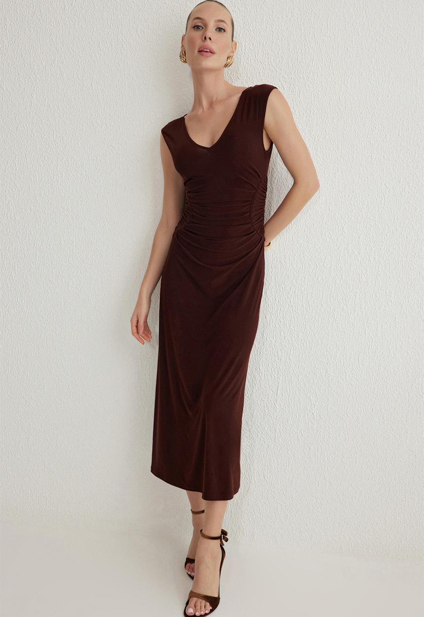V neck pleated knitted elegant evening night graduation dress - brown