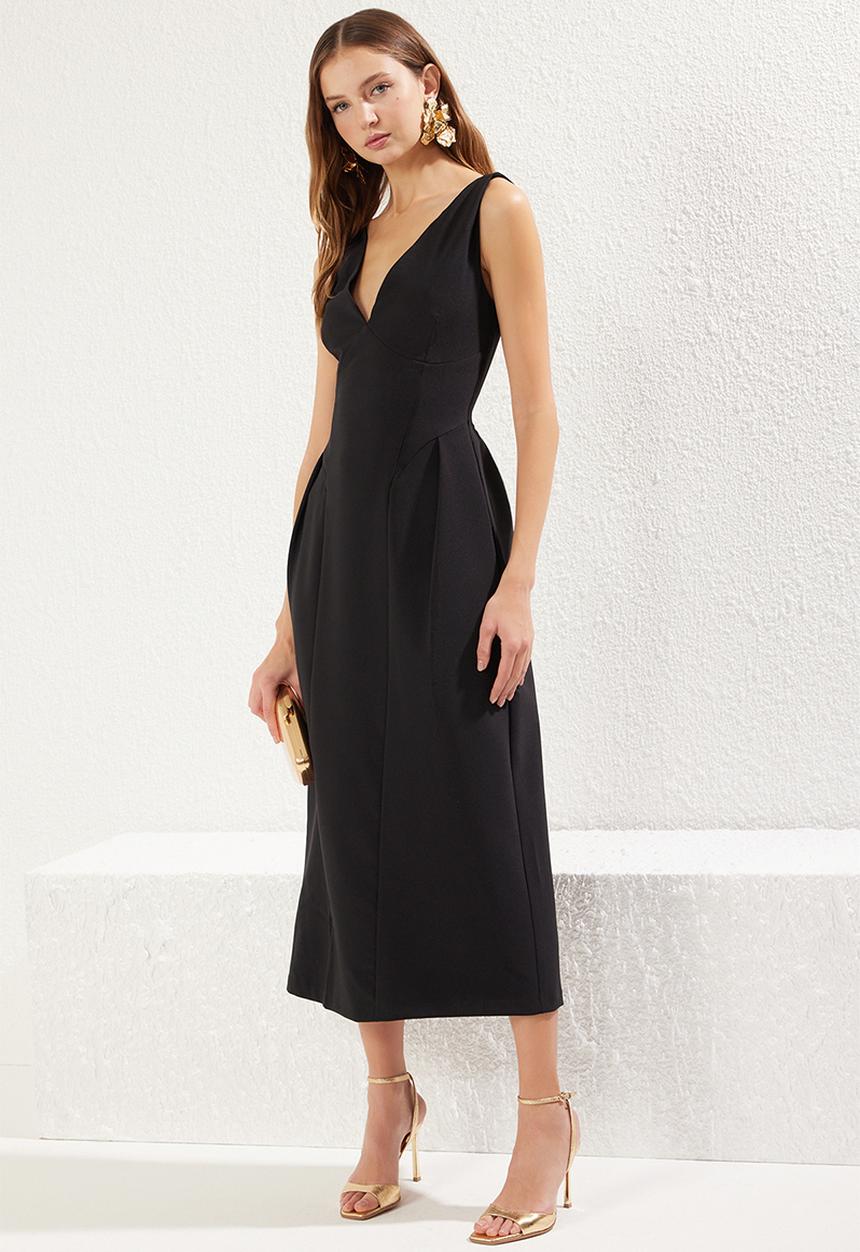 Trendyol - A-line v-neck woven elegant evening prom dress - black
