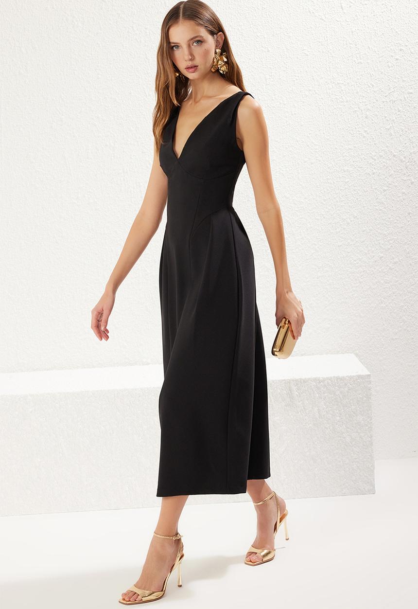 Trendyol - A-line v-neck woven elegant evening prom dress - black