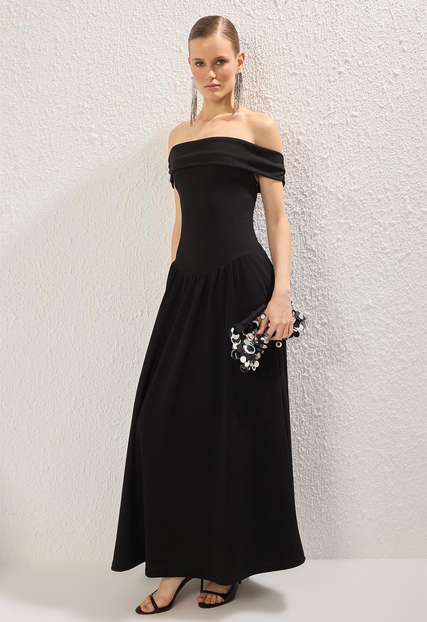 Trendyol - Carmen neck knitted midi evening dress - black