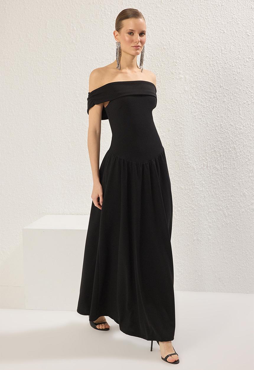 Trendyol - Carmen neck knitted midi evening dress - black