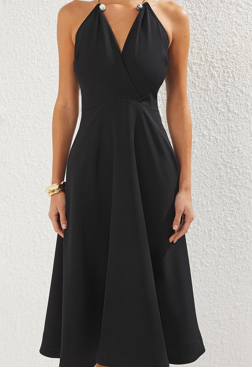 Trendyol - Detachable neck accessory woven evening dress - black