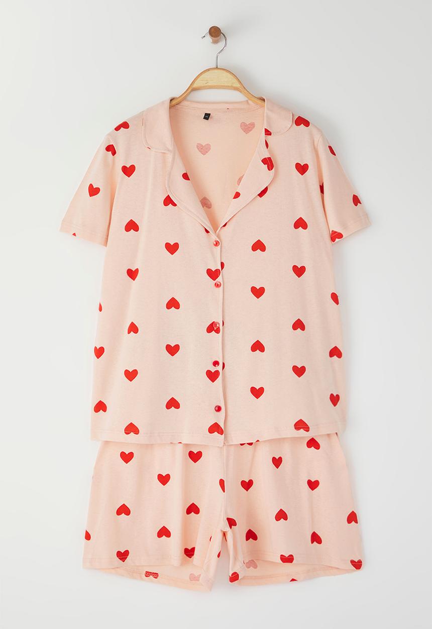 Trendyol - Light Pink Heart Patterned Shirt Collar Knitted Pajama Set
