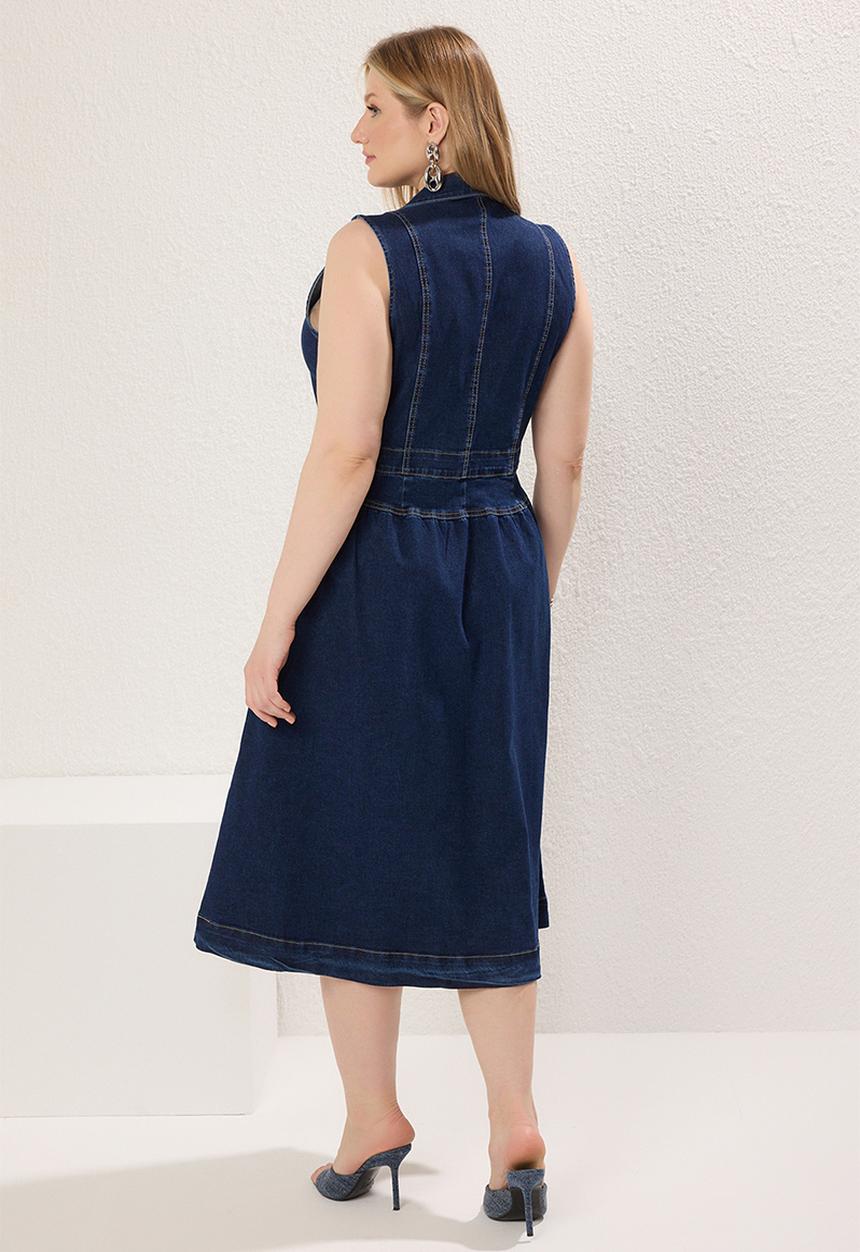 Trendyol - Blue jacket collar a-line denim plus size dress - dark blue