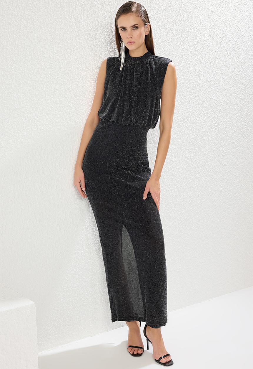 Trendyol - Glitter Knitted Elegant Maxi Evening Dress - Black