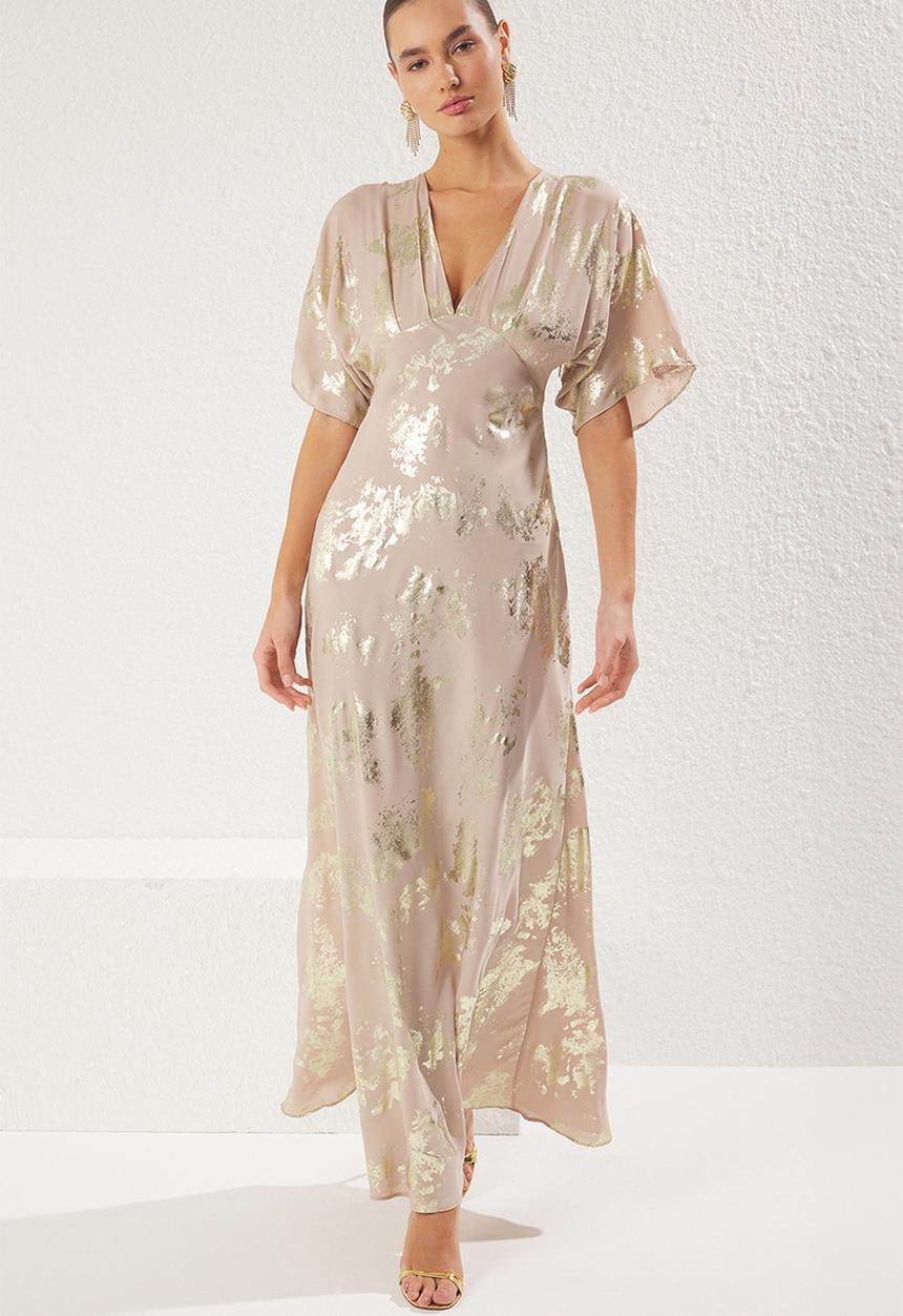 Trendyol - A-line crepe woven long kimono dress - beige