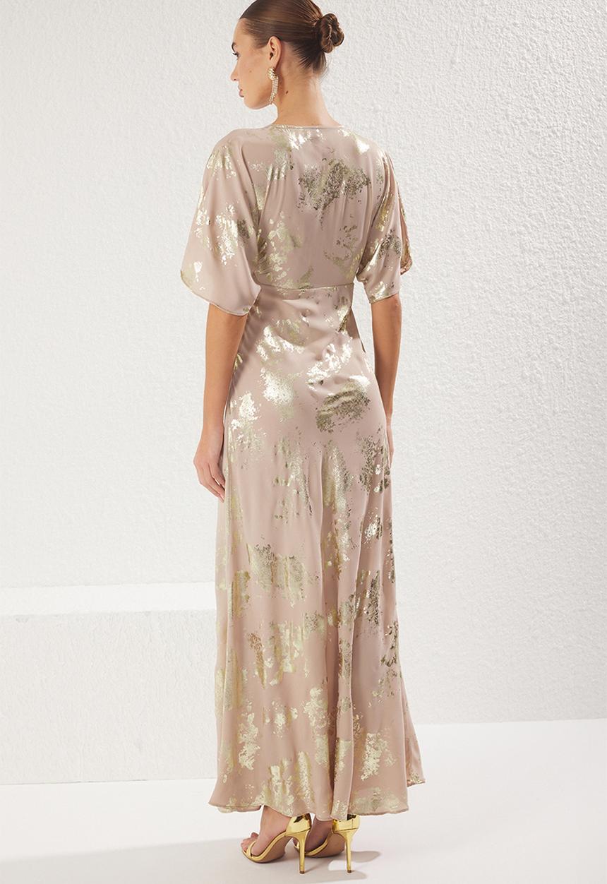 Trendyol - A-line crepe woven long kimono dress - beige
