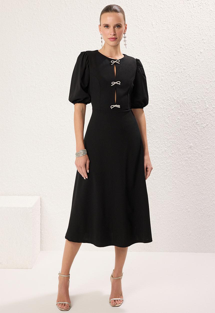 Trendyol - Flare bow knitted elegant evening dress - black