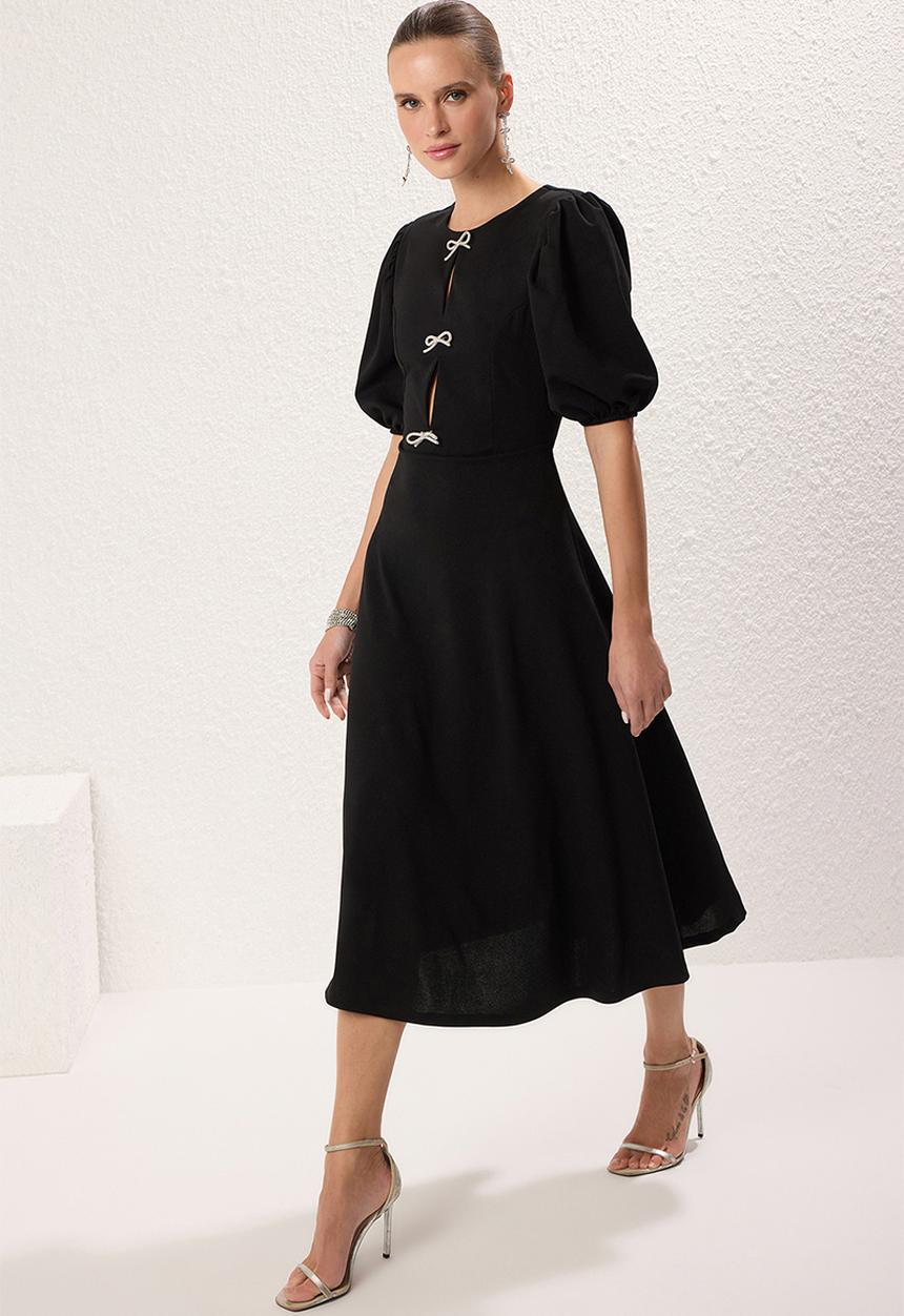Trendyol - Flare bow knitted elegant evening dress - black