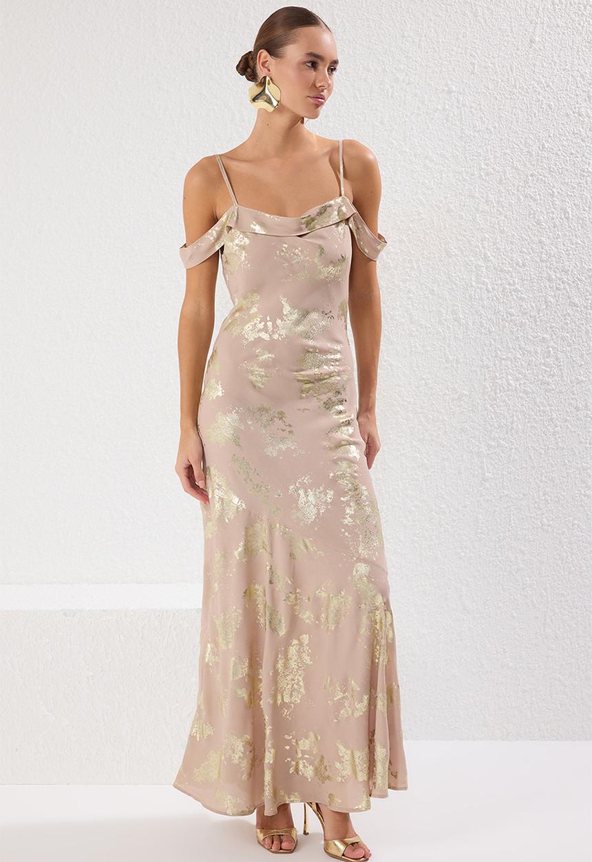 Trendyol - Abstract Pattern Lined Chiffon Woven Maxi Evening Dress - Gold