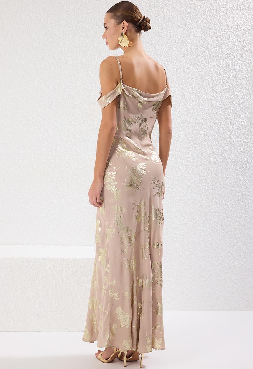 Trendyol - Abstract Pattern Lined Chiffon Woven Maxi Evening Dress - Gold