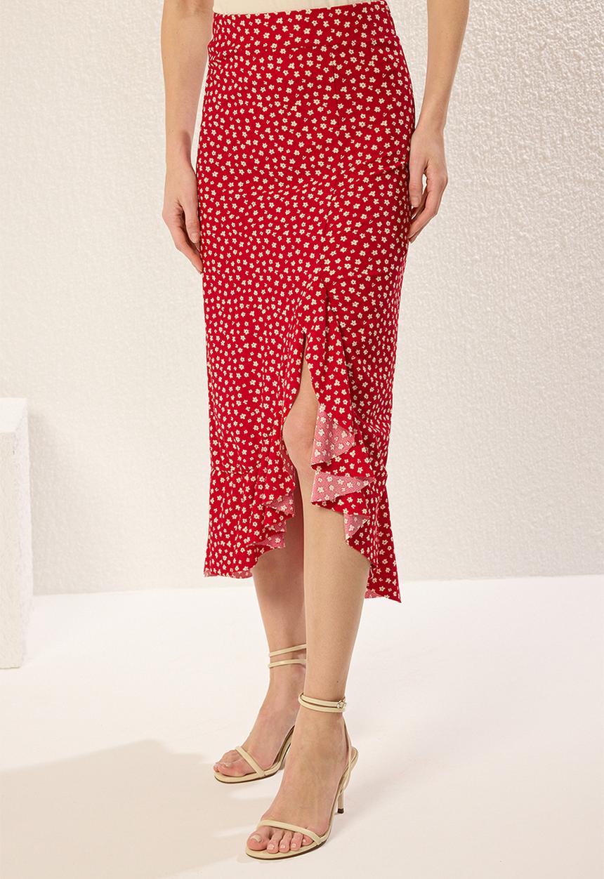 Trendyol - Polka Dot Ruffle Slit Midi Knit Skirt - Red