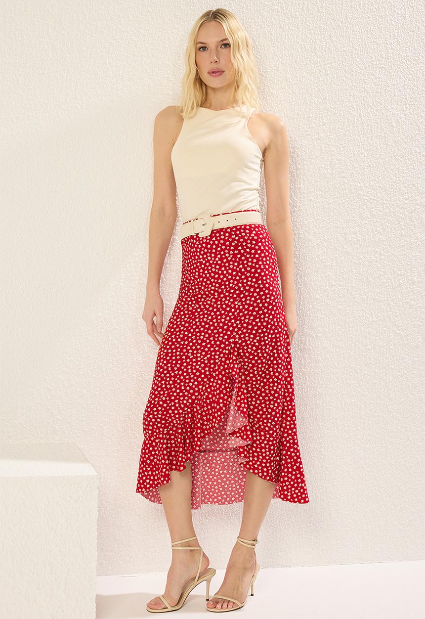 Trendyol - Polka Dot Ruffle Slit Midi Knit Skirt - Red