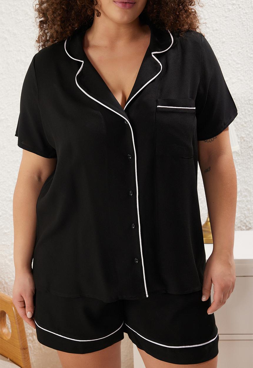 Trendyol - Piping Detailed Viscose Woven Pajama Set -  Black 