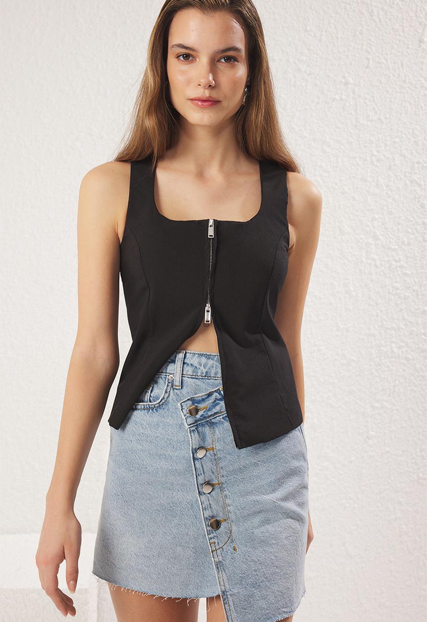 Trendyol - Asymmetrical Mini Denim Skirt - Light blue