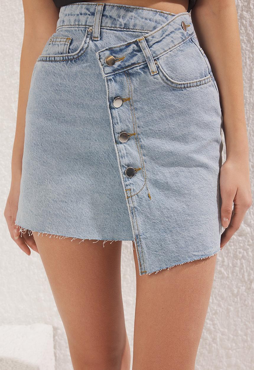 Trendyol - Asymmetrical Mini Denim Skirt - Light blue