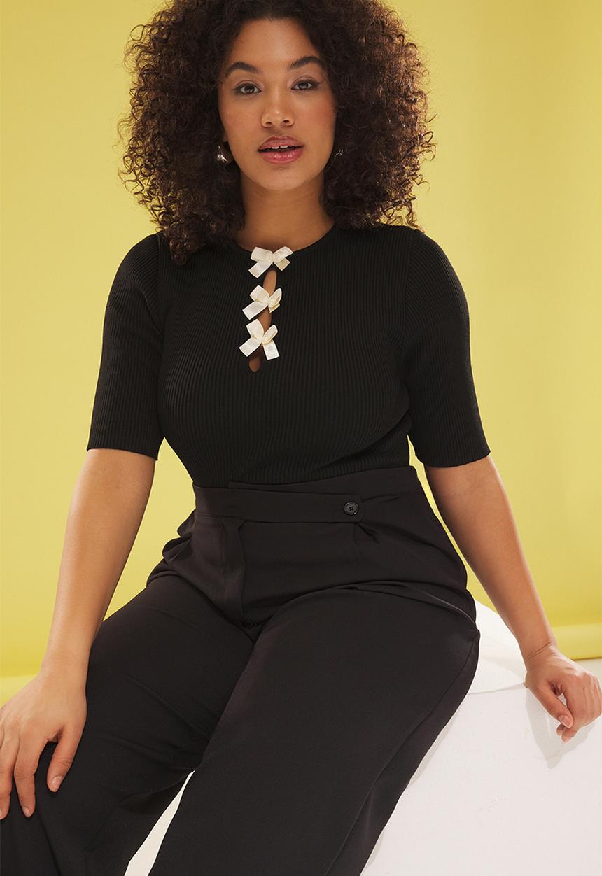 Trendyol - Bow/ribbon detailed ribbed knit blouse - black