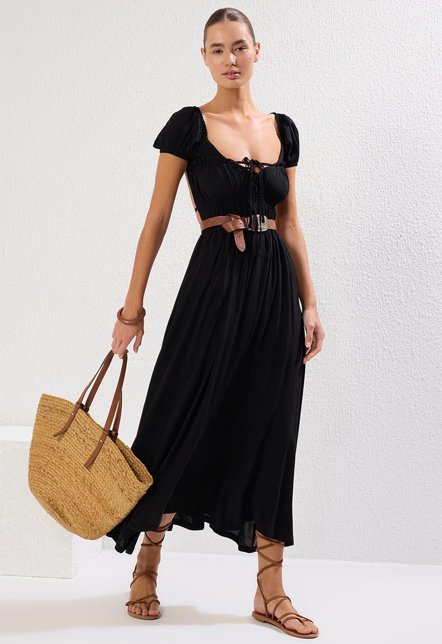 Trendyol - Maxi Woven Gipsy Detail Dress - Black