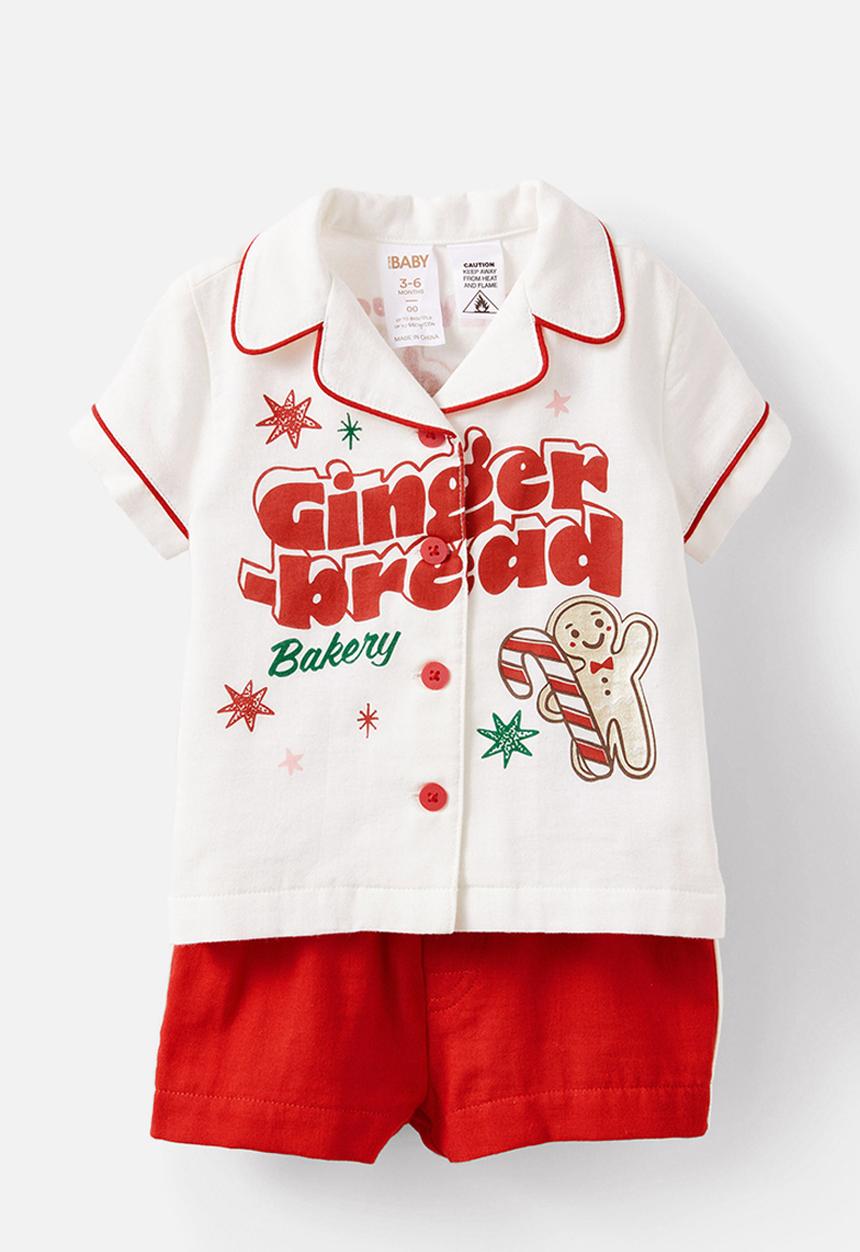 Cotton On - Baby woven pj set family christmas - varsity red/gingerbread bakery