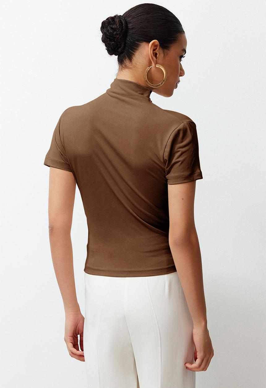 Trendyol - Drape detail high collar flexible knitted top - brown