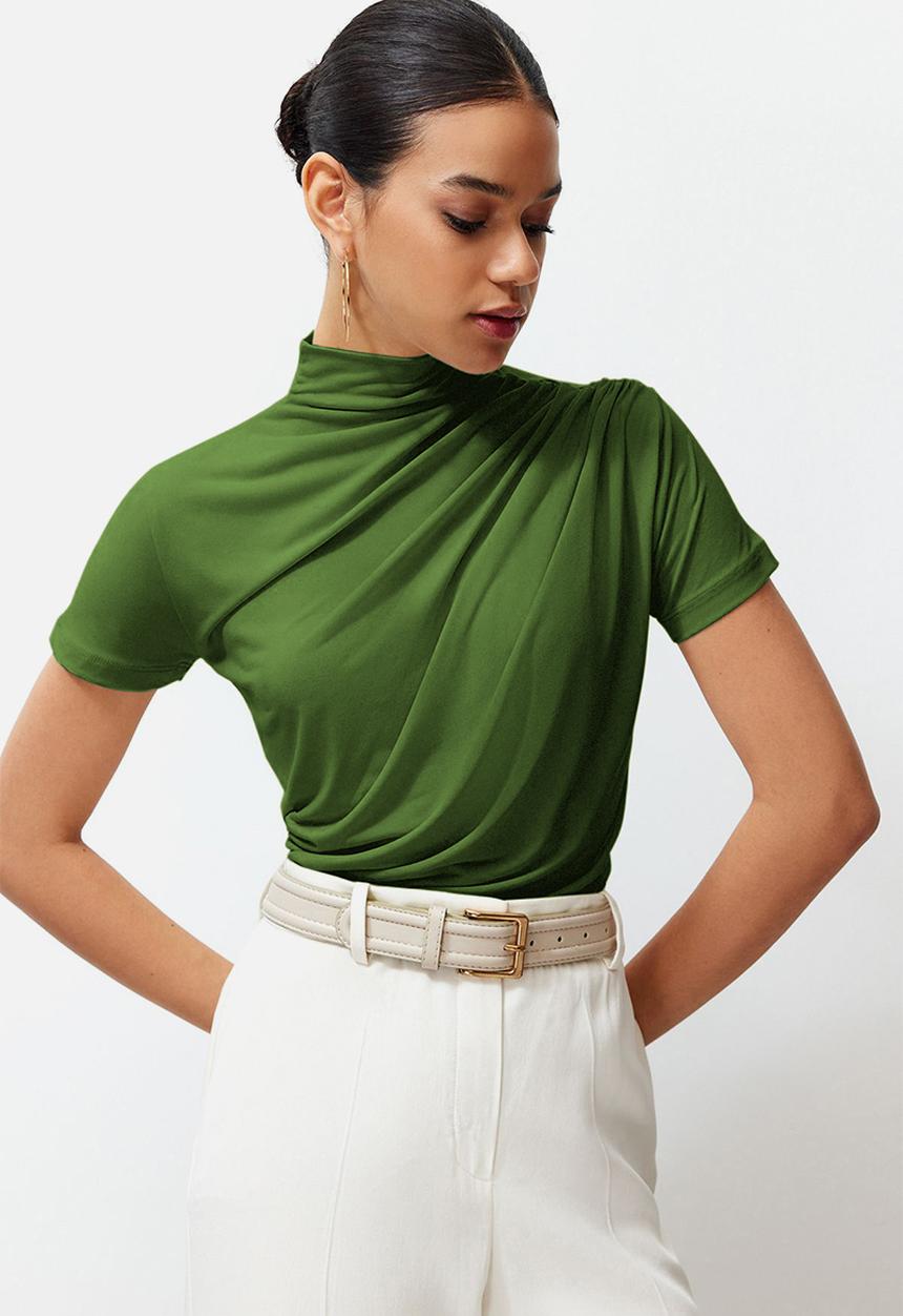 Trendyol - Drape detail fitted high collar knitted blouse -green