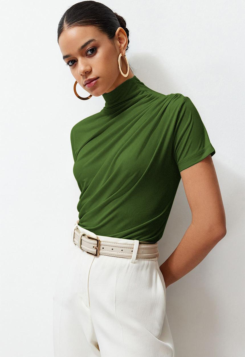 Trendyol - Drape detail fitted high collar knitted blouse -green