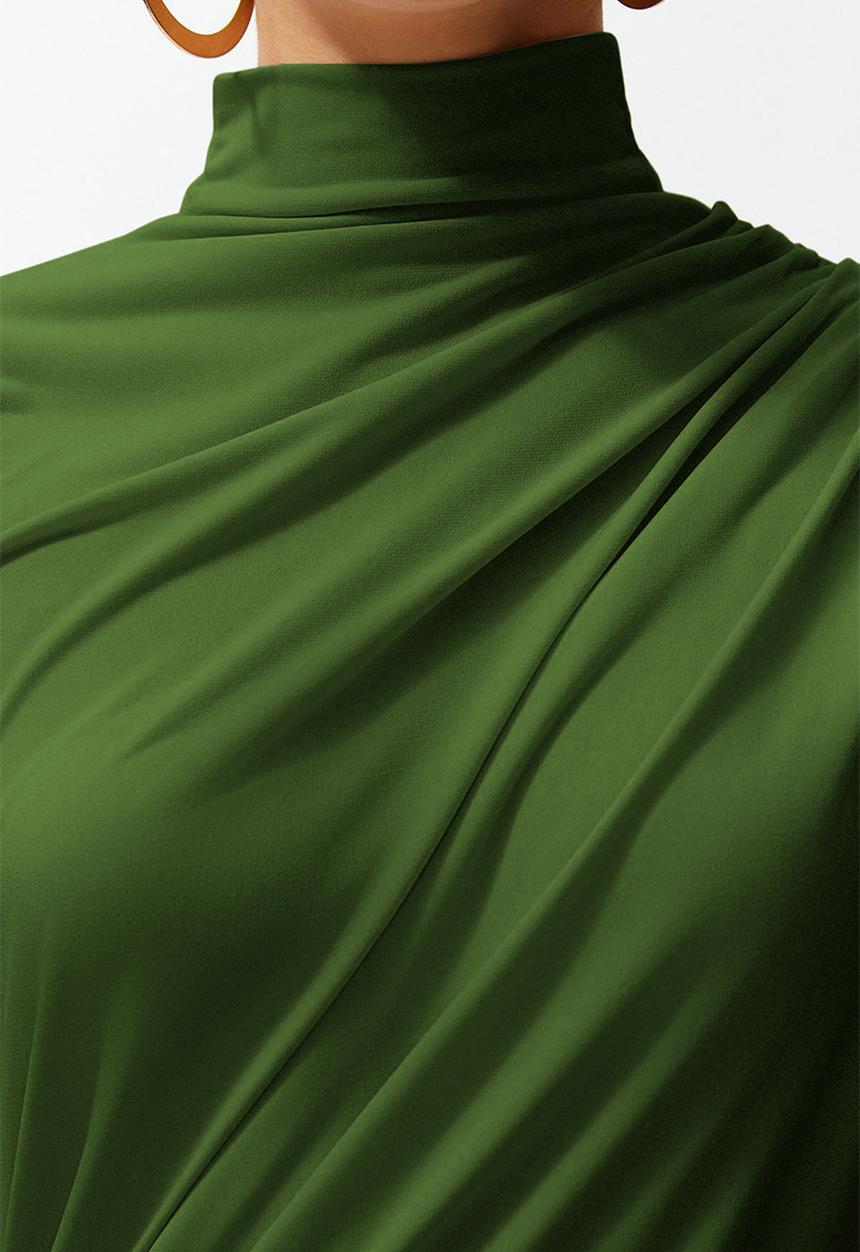 Trendyol - Drape detail fitted high collar knitted blouse -green