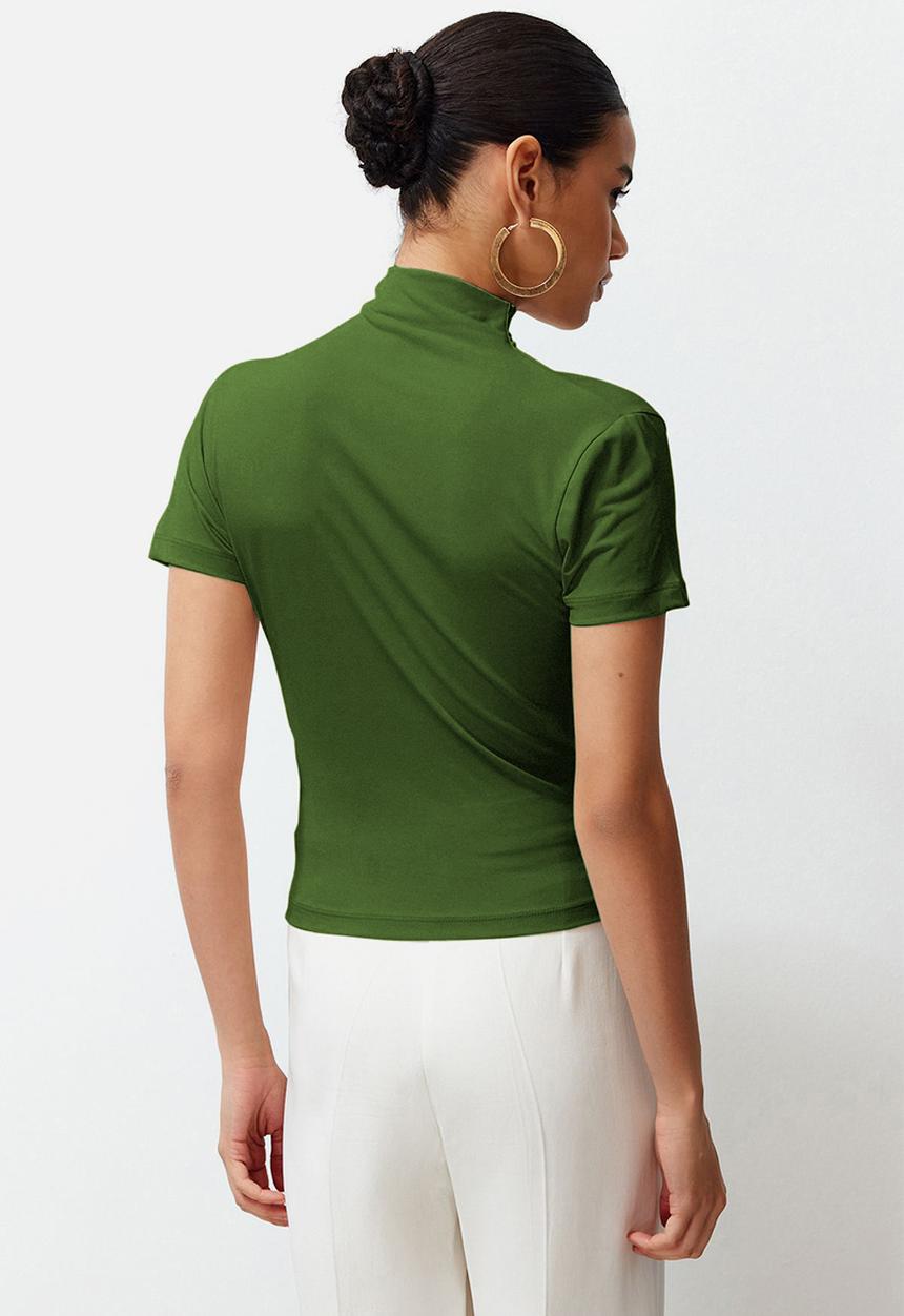 Trendyol - Drape detail fitted high collar knitted blouse -green