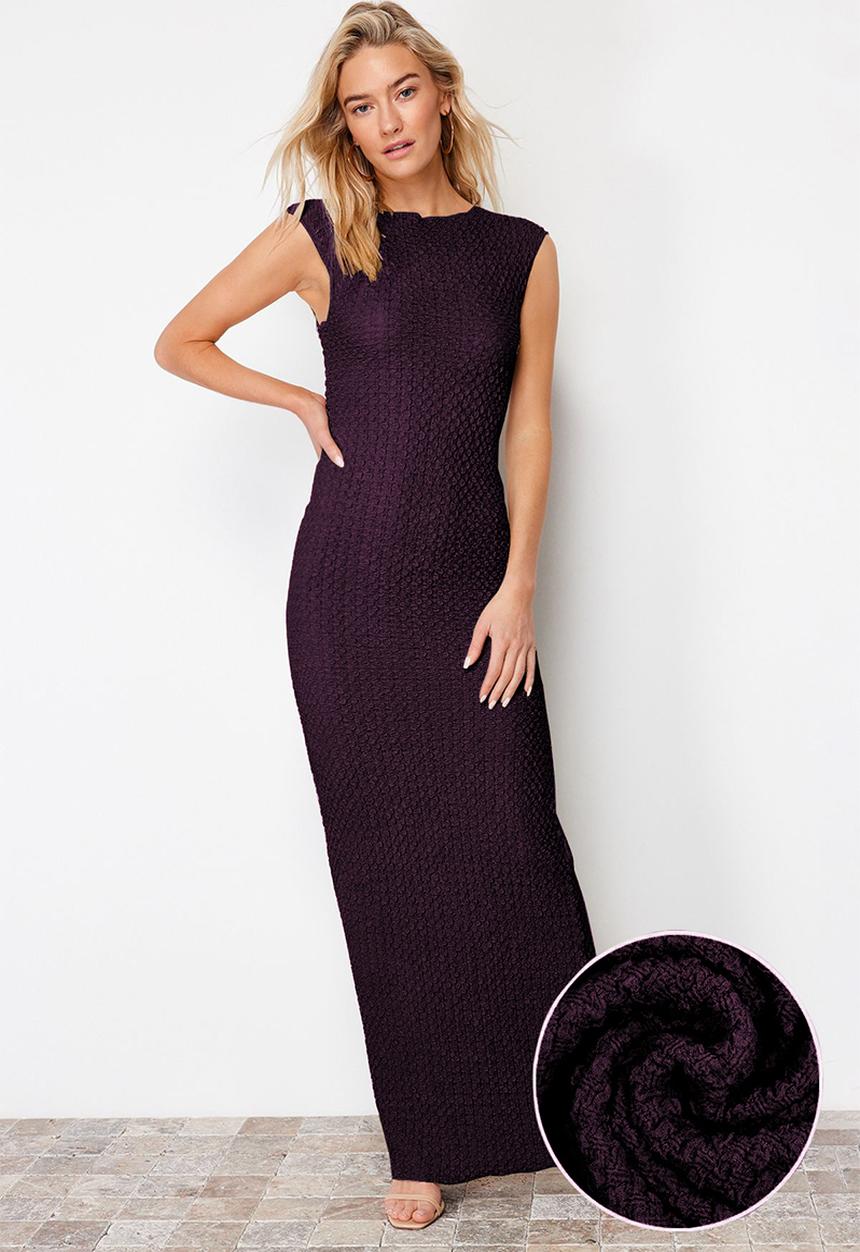 Trendyol - Textured fabric fitted moon sleeve midi pencil dress - plum
