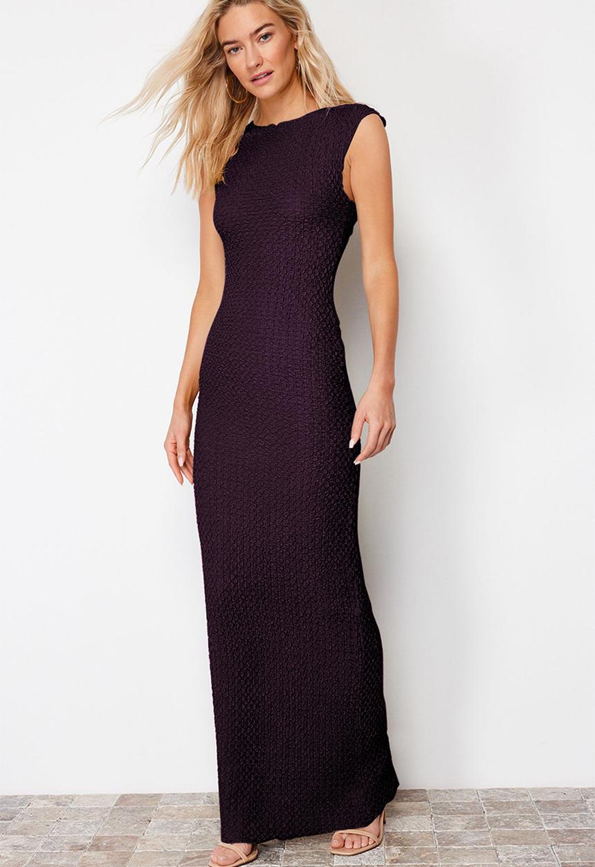 Trendyol - Textured fabric fitted moon sleeve midi pencil dress - plum