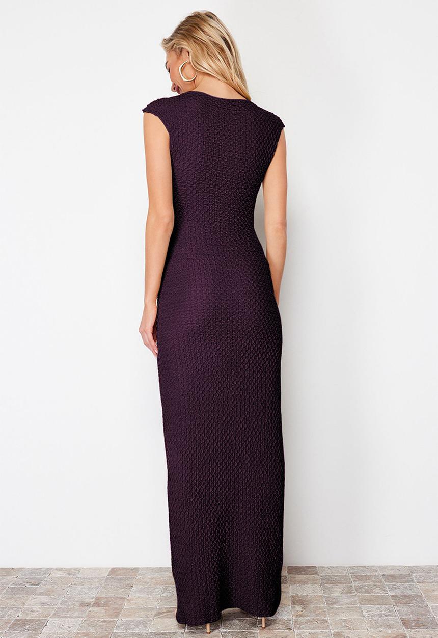 Trendyol - Textured fabric fitted moon sleeve midi pencil dress - plum