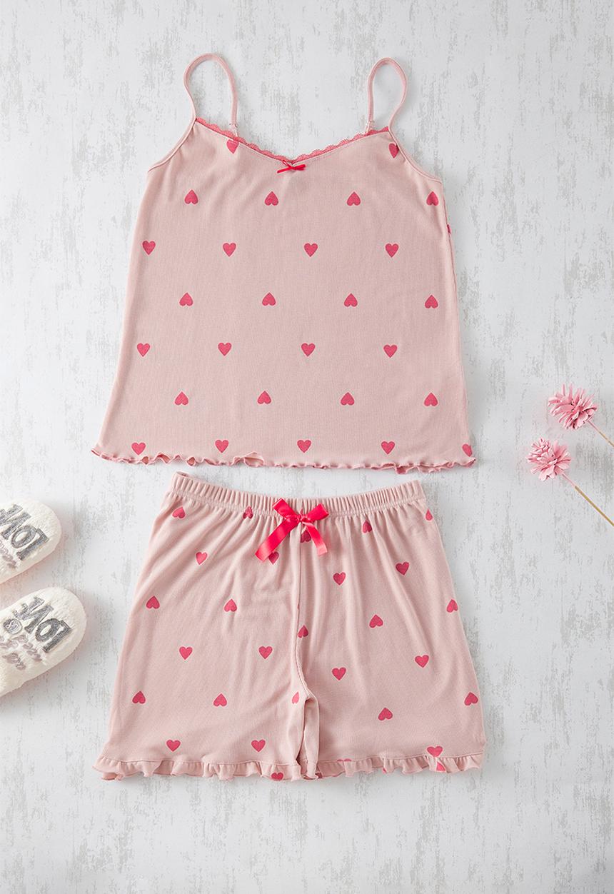 Trendyol - Powder Heart Patterned Camisole Knitted Pajama Set - Pink