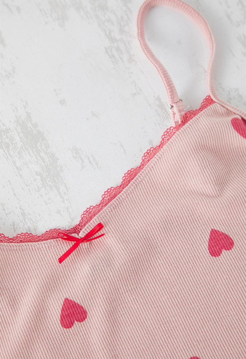 Trendyol - Powder Heart Patterned Camisole Knitted Pajama Set - Pink