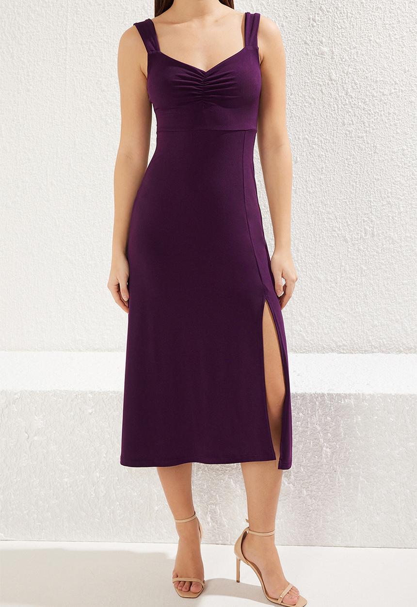 Trendyol - A-Line Draped Detailed Slit Midi Stretch Knit Dress - Plum