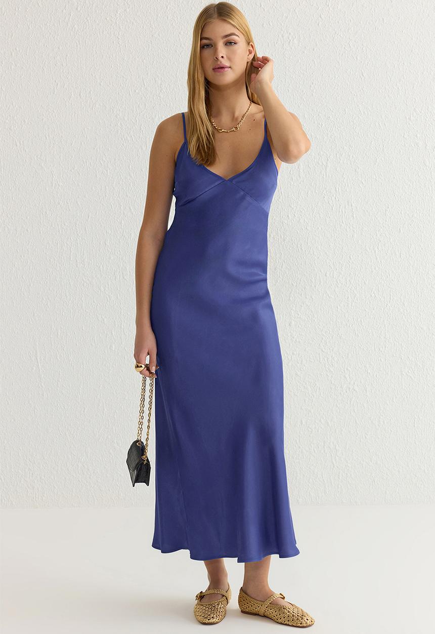 Trendyol - Plain pattern strappy maxi satin woven dress - blue