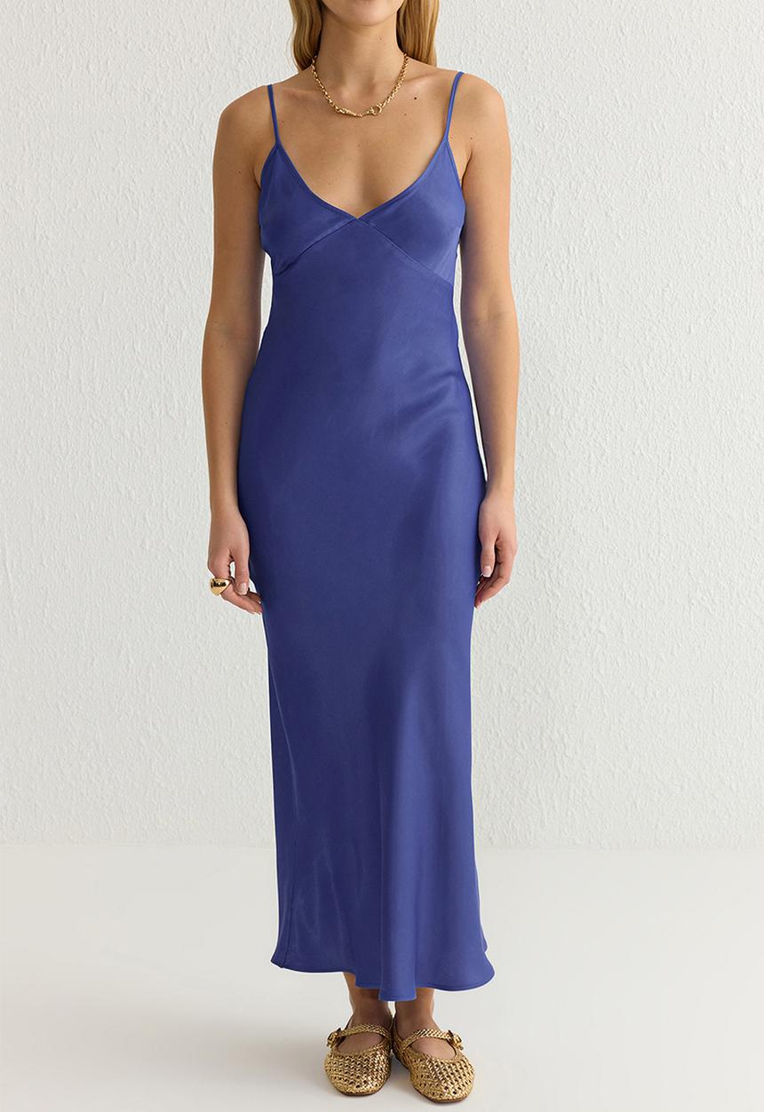 Trendyol - Plain pattern strappy maxi satin woven dress - blue