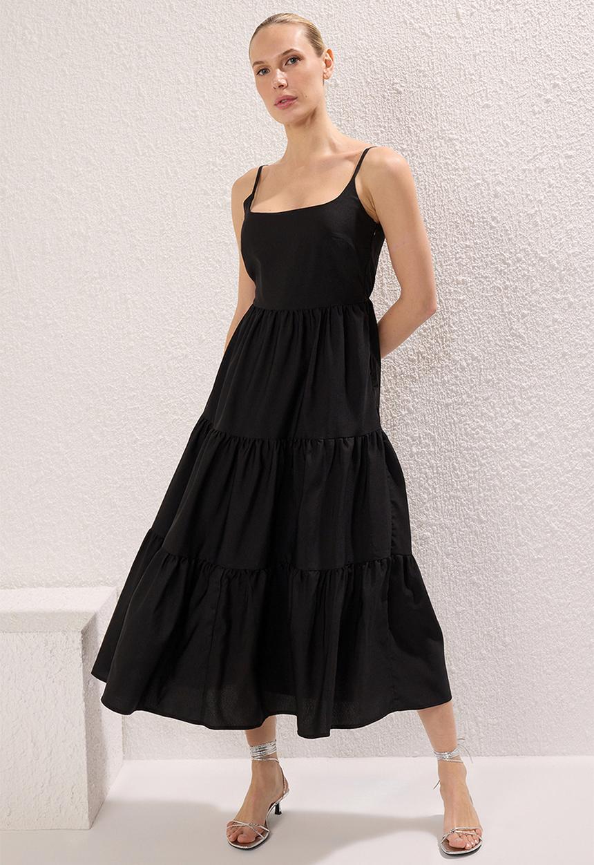 Trendyol - Cotton Blend Midi Woven Dress- Black