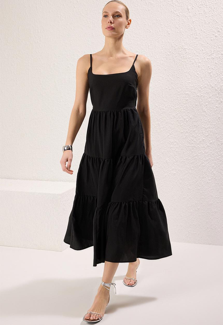 Trendyol - Cotton Blend Midi Woven Dress- Black