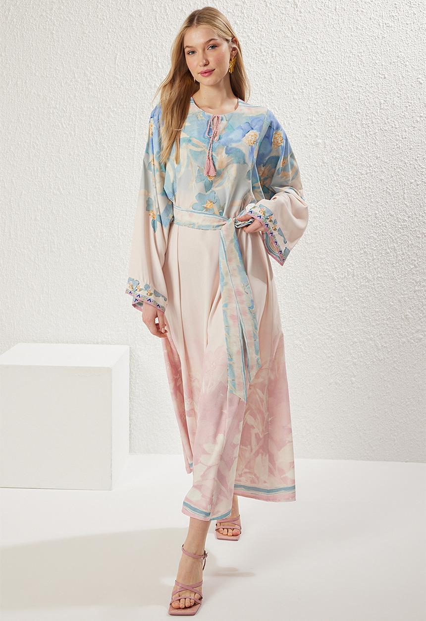 Trendyol - Spanish Sleeve Belted Patterned Woven Dress - Pink