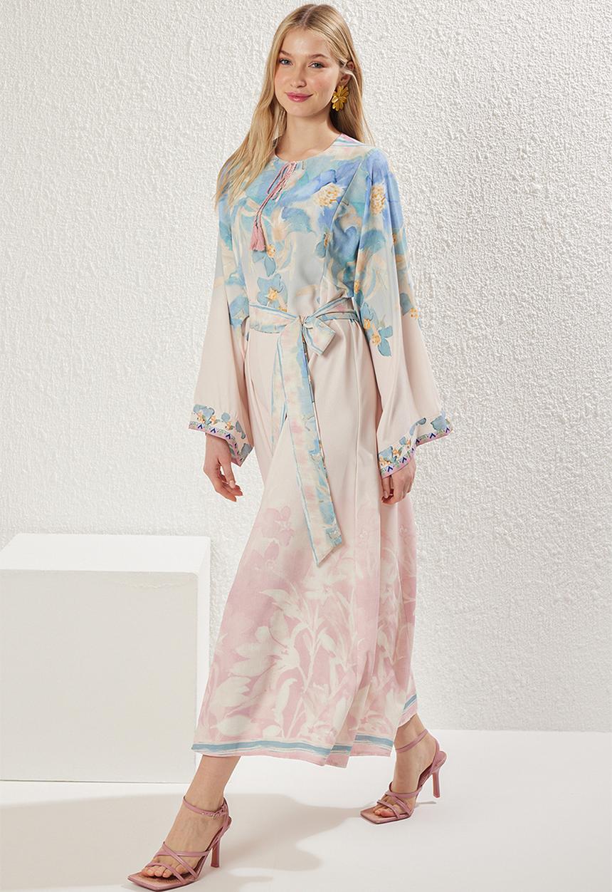 Trendyol - Spanish Sleeve Belted Patterned Woven Dress - Pink