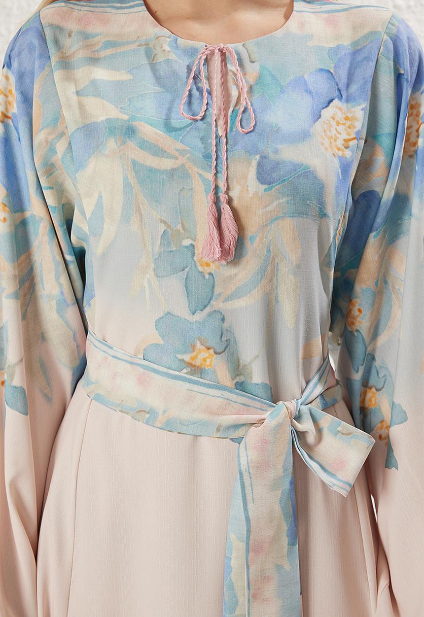 Trendyol - Spanish Sleeve Belted Patterned Woven Dress - Pink