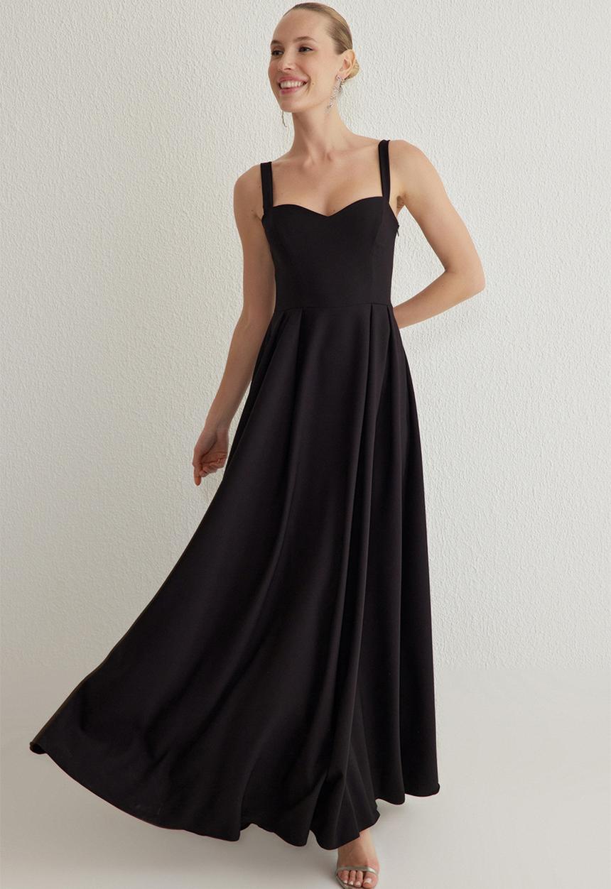 Trendyol - A-Line Back Bow Detailed Woven Long Elegant Evening Dress - Black