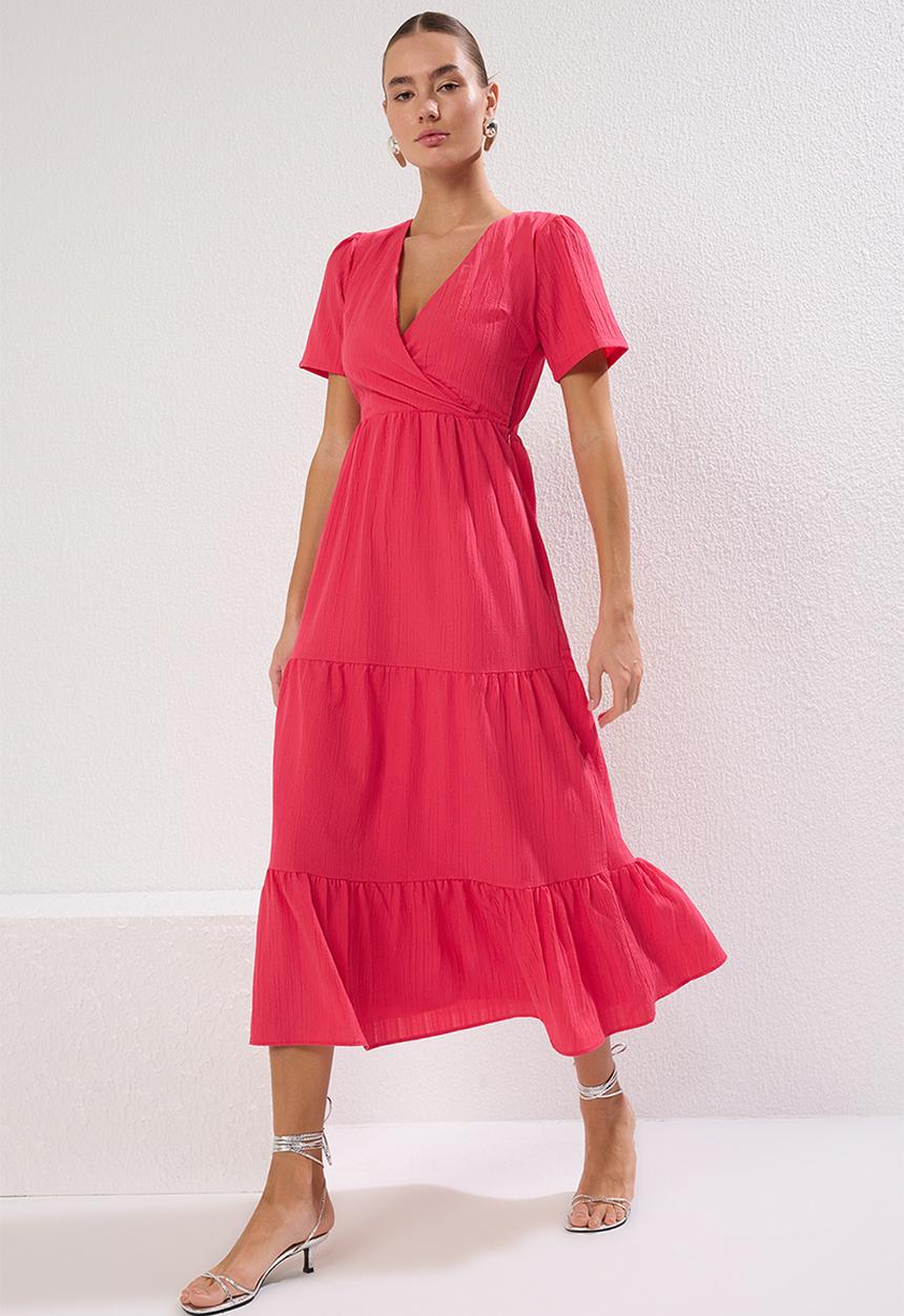 Trendyol - Plain Tiered Midi Woven Dress - Fuchsia