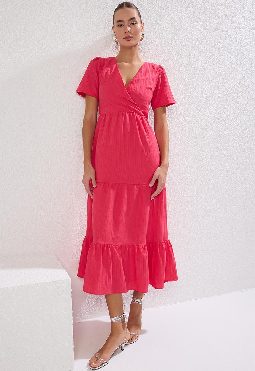 Trendyol - Plain Tiered Midi Woven Dress - Fuchsia