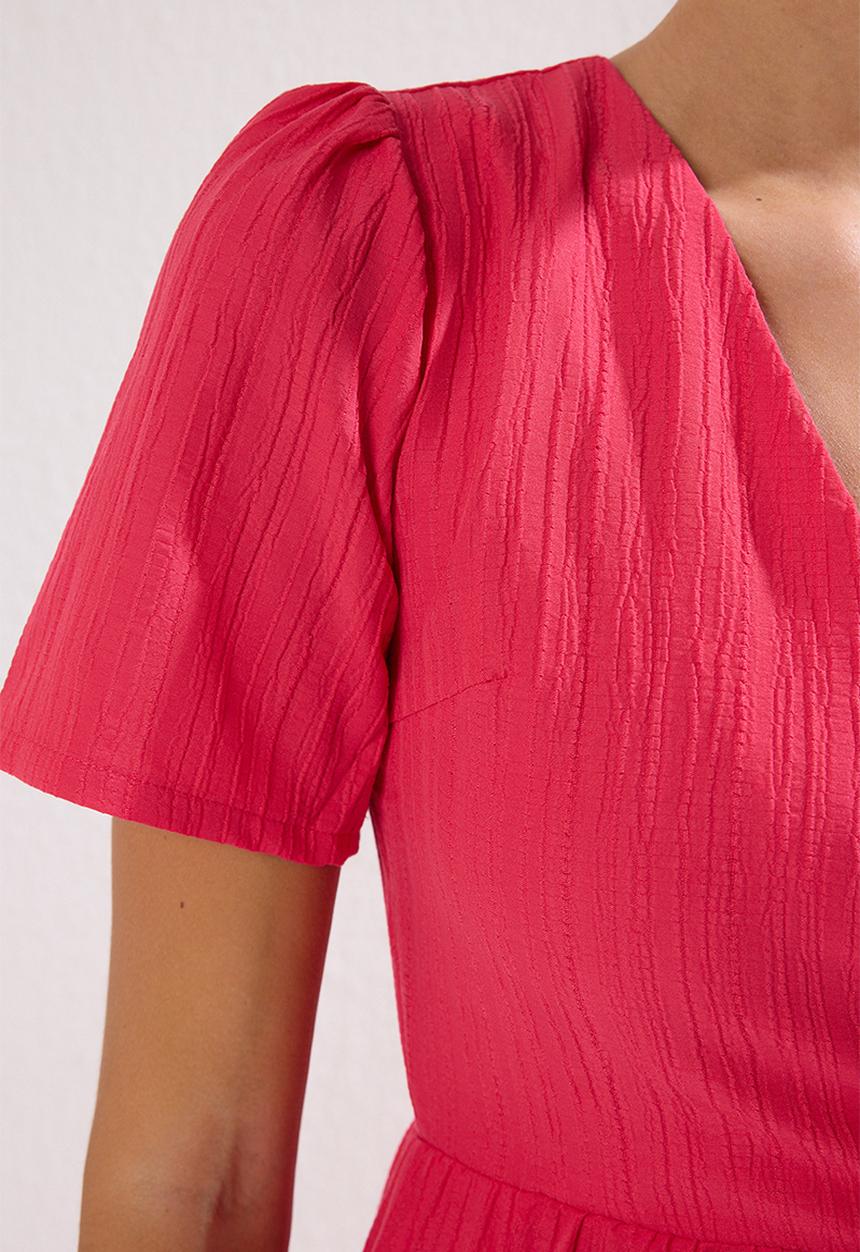 Trendyol - Plain Tiered Midi Woven Dress - Fuchsia