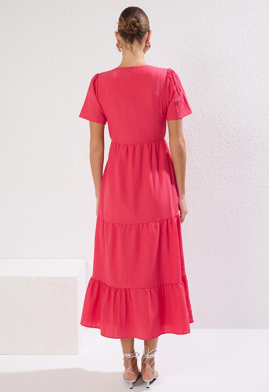 Trendyol - Plain Tiered Midi Woven Dress - Fuchsia