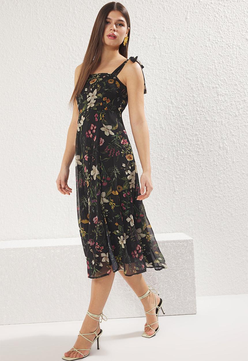 Trendyol - Floral Slit Back Chiffon Midi Woven Dress - Black