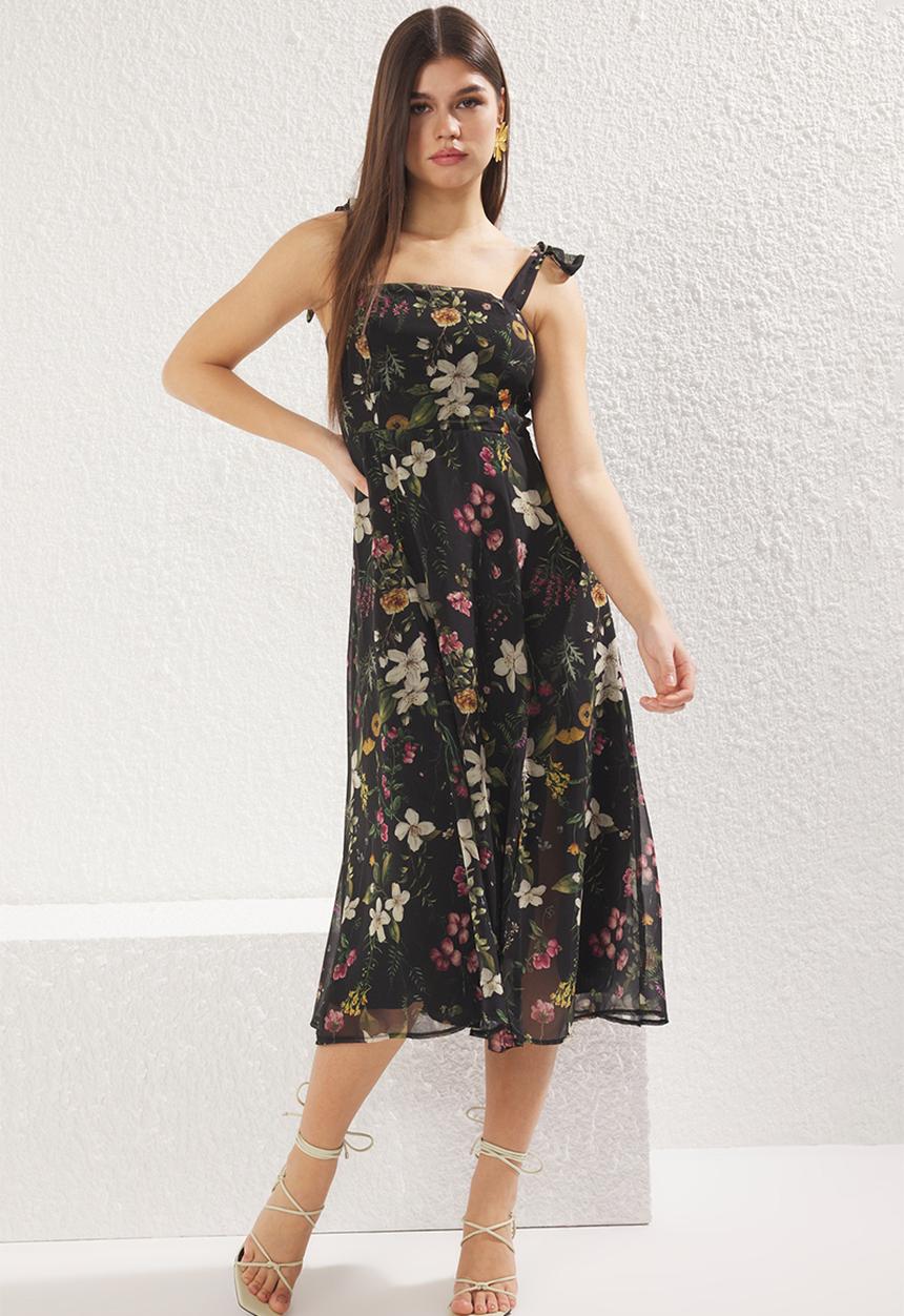 Trendyol - Floral Slit Back Chiffon Midi Woven Dress - Black