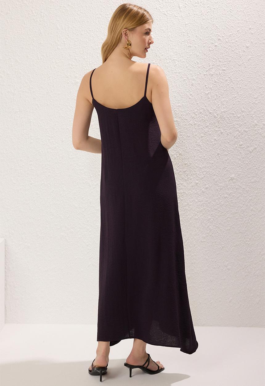 Trendyol - Straight Cut V Neck Maxi Woven Dress - plum