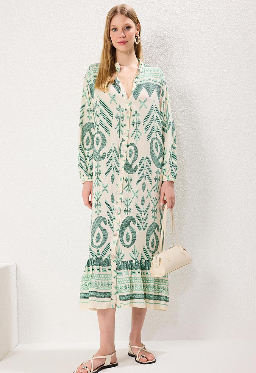 Trendyol - Midi Border Pattern Detailed Woven Dress - Khaki